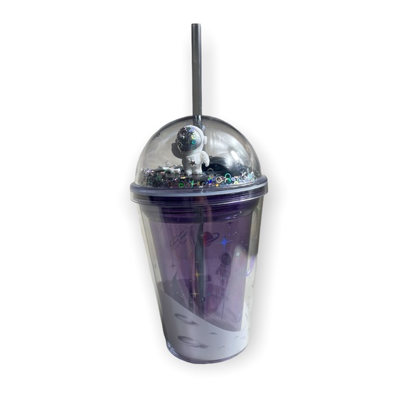 Kids Astronaut Space Theme Purple Black Glitter Cup With Straw NWOT - Picture 1 of 5
